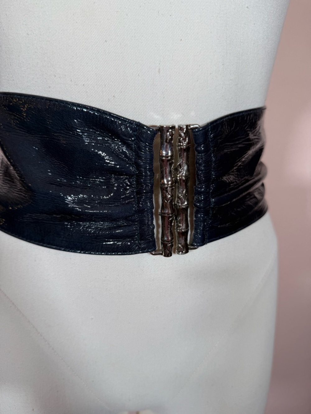 Vintage 1970's Modernist Silver bamboo Navy Blue Paten Leather Corset Wide Belt - Picture 14 of 17